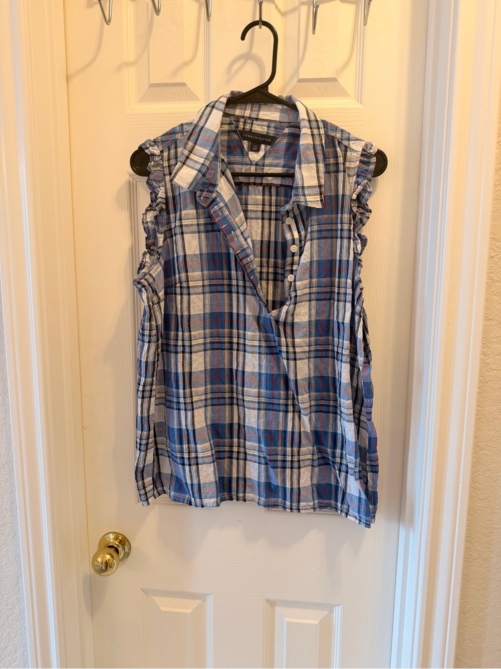 Tommy Hilfiger Blue and White Plaid Sleeveless Button-Down Shirt